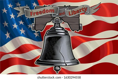 Liberty Bell in Philadelphia and American Flag