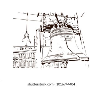 Liberty Bell of Philadelphia City in Pennsylvania, USA. Hand drawn sketch illustration in vector.