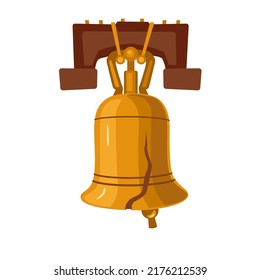 Liberty Bell. Symbol of liberation. Antique bell on wooden beam, liberation symbol. Vector flat illustration, cartoon style.