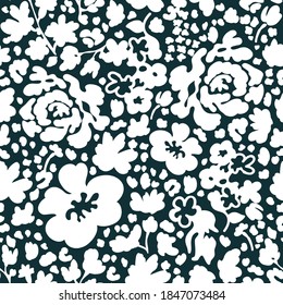 Liberty black and white botanical backgound. Seamless vector pattern. Vintage print with small inflorescences. Retro textile collection.