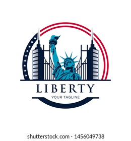 Liberty with bridge and american flag color logo design template