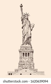 Liberty Enlightening the World   Statue in New York America  Pencil sketch beige background 