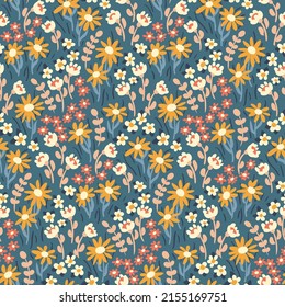 Liberty floral pattern with ornate  folk meadow. Seamless pattern, cute botanical background with small flowers, leaves on a blue field. Vector illustration, print design.