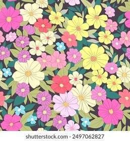 Liberty floral pattern in small abstract flowers. Small colorful flowers. Black background. Ditsy print. Floral seamless background. Vintage template for fashion prints. Stock pattern.