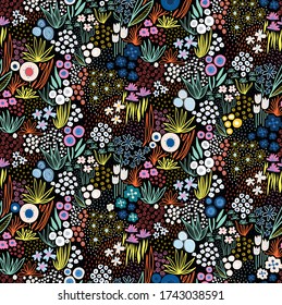 Liberty Flower meadow on black seamless vector pattern. Repeating doodle flowers in bright colors on black background half drop repeat. Scandinavian style line art florals. For fabric, wallpaper 