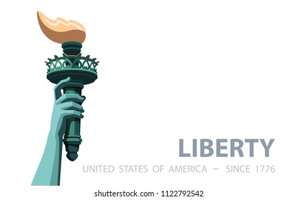 Liberty. Hand with torch. Green Yellow Linear Picture. USA. Poster. Statue of Liberty. National Symbol of America. White background. Freedom. Use presentation, report, postcard, flat banner, vector