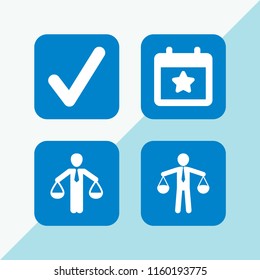 liberty icon. 4 liberty set with election event on a calendar with star symbol, right and scale vector icons for web and mobile app