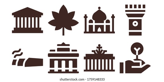 conjunto de iconos de libertad. 8 íconos llenos de libertad. Incluye marihuana, panteón, puerta de Brandenburgo, Taj mahal, íconos de la Libertad, la Antorcha