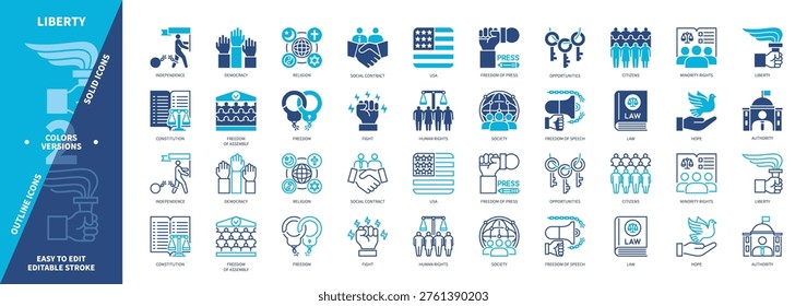 Liberty icon set. Independence, Citizens, Freedom, Opportunities, USA, Hope, Religion, Fight. Duotone color solid and editable outline icons