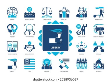 Conjunto de ícones do Liberty. Independência, controle social, liberdade, oportunidades, EUA, ideologia, religião, equilíbrio. Ícones sólidos de cor duotônica