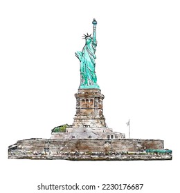 Liberty island new york watercolor hand drawn illustration isolated on white background