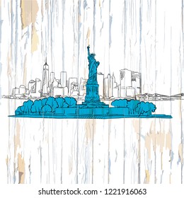Liberty island sketch on wooden background. Vector illustration on vintage backdrop