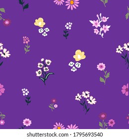 Liberty print on violet background. Seamless vector pattern. Vintage print with small inflorescences. Retro textile collection.