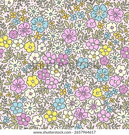 Liberty seamless floral pattern. Ditsy style background of small pastel flowers. Small blooming daisy flowers scattered over a pink background. Stock vector for printing on surfaces and web design.