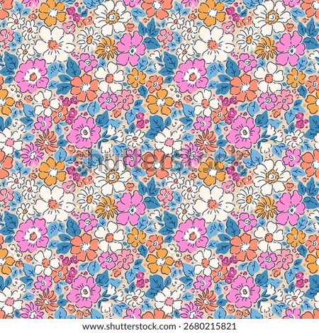 Liberty seamless floral pattern. Ditsy style background of small bright flowers. Small blooming daisy flowers scattered over a beige background. Stock vector for printing on surfaces and web design.