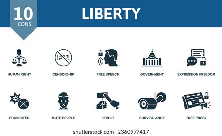 Liberty set. Creative icons: human right, censorship, free speech, government, expression freedom, prohibited, mute people, revolt, surveillance, free press.