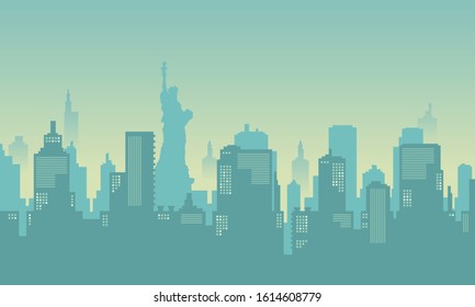 Liberty Statue City Silhouette in New York with bright sky