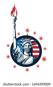 liberty statue with covid19 particles in circular seal vector illustration design