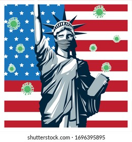 liberty statue with covid19 particles in flag vector illustration design