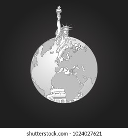 Liberty Statue and Earth. Concept Design. Road trip. Tourism sketch concept with Lady liberty. Travelling vector illustration. Hand-drawn modern illustration.