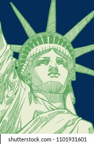 Liberty statue face in New York City, United States of America drawing - 4th of july illustration