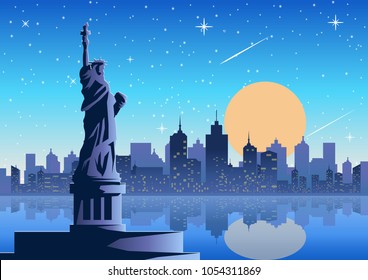 Liberty Statue famous landmark of America at night full moon star.tower background.silhouette style