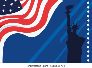 liberty statue with flag on usa independence day card
