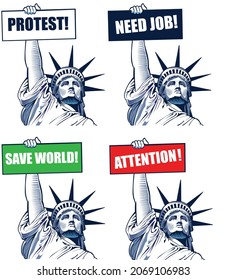 liberty statue holding text panel with important notice	
