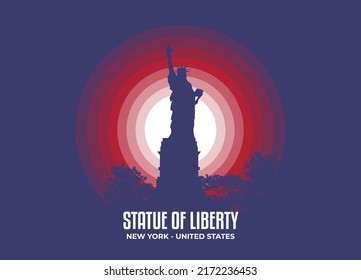 Liberty Statue illustration. Moonlight symbol of famous statue and building in United States. Color tone based on official country flag. Vector eps 10.