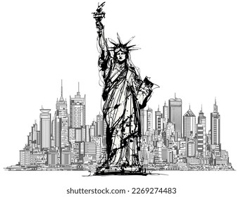 Estatua de la libertad en la ciudad de Nueva York con fondo manhattan, Nueva York, EE.UU. - ilustración vectorial (ideal para imprimir, afiche o papel tapiz, decoración de la casa) 