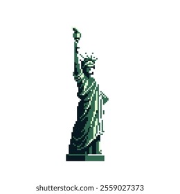 Liberty statue in New York city United States pixel art cartoon icon. Symbol of country USA. 8-bit. Popular landmark. Sticker design. Isolated abstract vector illustration. 