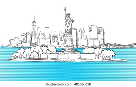 Liberty Statue with New York City Skyline Sketch, Hand drawn Vector Outline Artwork