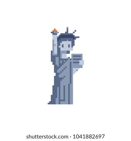 Liberty statue in New York United States. Pixel art cartoon icon. Symbol of country new york city. 8-bit. Popular landmark. Sticker design. Isolated abstract vector illustration. 