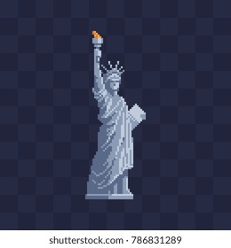 Liberty statue in New York United States. Pixel art icon. Symbol of country new york city. 8-bit. Knitting design. Isolated vector illustration. 