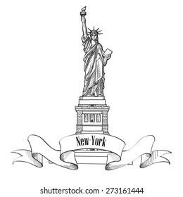  Liberty Statue, New York, USA. Hand draw sketch of American symbol isolated