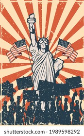 liberty statue and people protesting poster
