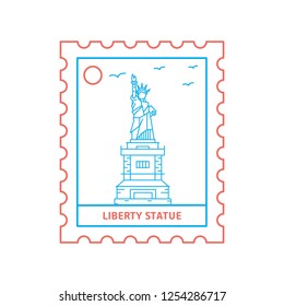 LIBERTY STATUE postage stamp Blue and red Line Style, vector illustration