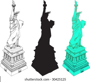 Liberty statue, silhouette and line art