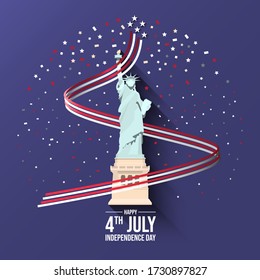 Liberty statue surrounded by red and white ribbon and stars. Suitable for fourth of July USA Independence Day