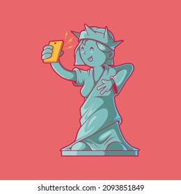 Liberty statue taking a selfie vector illustration. Funny, inspiration, social design concept.