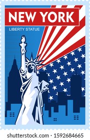 Liberty statue. Travel to New york poster design, postage stamp, sticker, banner.