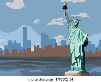 a liberty statue vector illustration art, located at new york, USA with cityscape background.