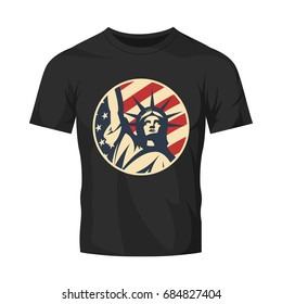 Liberty Statue vector logo concept isolated on black t-shirt. USA street wear superior sport modern badge design. Premium quality United States of America emblem t-shirt tee print illustration.