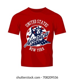 Liberty Statue vector logo concept isolated on red t-shirt. USA street wear superior sport vintage badge design. Premium quality United States of America emblem t-shirt tee print illustration.