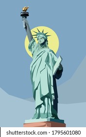 a liberty statue vector potrait located at new york, USA with a blue backgound and yellow sun.