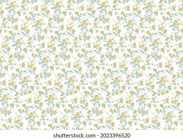 Liberty style. Ditsy print. Floral seamless background. Simple cute pattern in small yellow flowers on white background. 