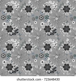 Liberty style. Floral seamless gray, neutral and black background for textile, book covers, manufacturing, wallpapers, print, gift wrap. Simple cute vector pattern in small-scale flowers. Millefleurs.