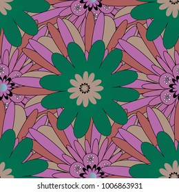 Liberty style. Simple cute vector pattern in small-scale flowers. Millefleurs. Floral seamless beige, pink and green background for textile, book covers, manufacturing, wallpapers, print, gift wrap.