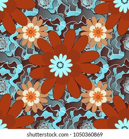 Liberty style. Simple cute vector pattern in small-scale flowers. Millefleurs. Floral seamless brown, blue and orange background for textile, book covers, manufacturing, wallpapers, print, gift wrap.