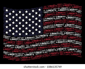 Liberty text items are grouped into waving USA flag stylization on a dark background. Vector collage of America state flag is made with liberty text elements.